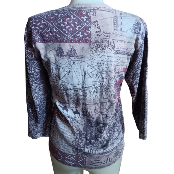 Vintage Women' Large Top Y2K Glima Silk Road Map Print Distress Thin AOP USA - Picture 5 of 7